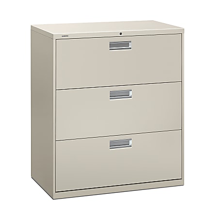 HON® Brigade® 600 36"W Lateral 3-Drawer File Cabinet, Metal, Light Gray