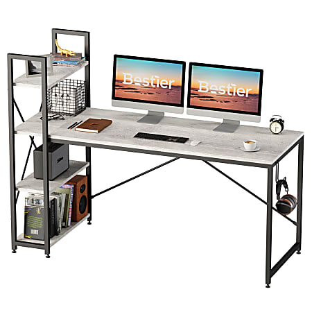 Bestier 63"W Modern Office Desk With Storage Shelf & Headset Hook, Retro Gray Oak Light