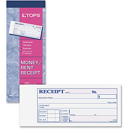 TOPS Money Receipt Book - 15 lb - 2 PartCarbonless Copy - 7.25" x 2.75" Form Size - 2.75" x 8.50" Sheet Size - White, Canary - Blue Print Color - 1 Each