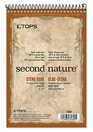 TOPS™ Second Nature® Recycled Notepads, Gregg Rule, Brown Cover, 70 Sheets, White, 6" x 9"