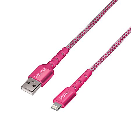 iHome Nylon Braided Lightning To USB-A Cable, 10', Pink