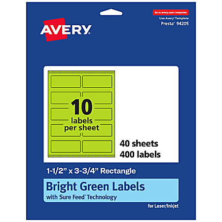 Avery® Print-To-The-Edge Labels With Sure Feed® Technology And Easy Peel®, 94205-BGP40, Rectangle, 1-1/2" x 3-3/4", Matte Bright Green, Pack of 400