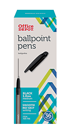 Office Depot® Brand Ballpoint Stick Pens, Medium Point, 1.0 mm, Black Barrel, Black Ink, Pack Of 36