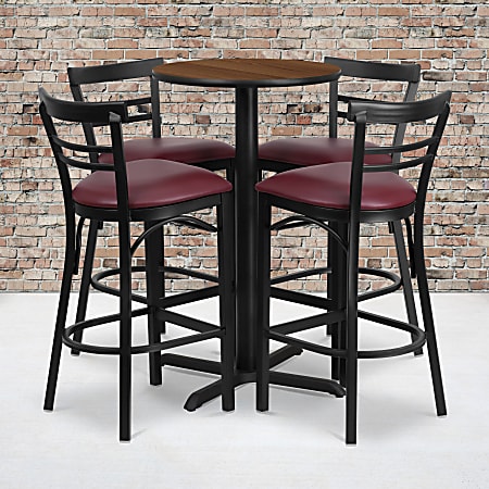 Flash Furniture Round Laminate Table Set With X-Base And Four 2-Slat Ladder-Back Metal Barstools, 42"H x 24"W x 24"D, Walnut/Burgundy