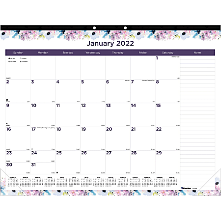 Blueline Passion Floral Desk Pad Calendar - Julian Dates - Monthly - 1 Year - January 2022 till December 2022 - 1 Month Single Page Layout - Desk Pad - Floral