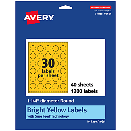 Avery® Print-To-The-Edge Labels With Sure Feed® Technology And Easy Peel® Label Feature, 94505-BYP40, Round, 1-1/4", Matte Bright Yellow, Pack of 1200