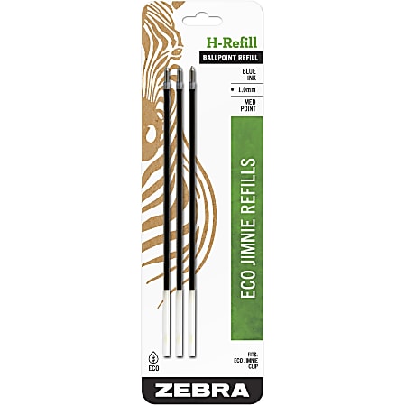 Zebra® Pen Eco Jimnie® H-Refill Ballpoint Pen Refills, Pack Of 3, Medium Point, 1.0 mm, Blue Ink