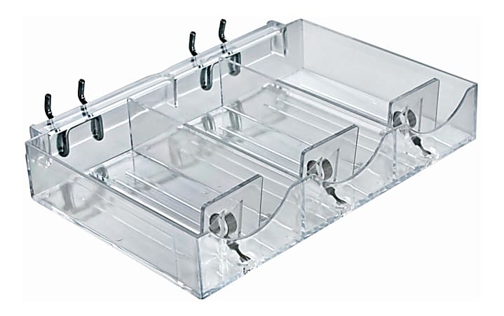 Azar Displays 3-Compartment Cosmetic Trays For Pegboard/Slatwall, Metal U-Hooks, Small Size, 1 1/2" x 9 1/8" x 5 3/16", Clear, Pack Of 2