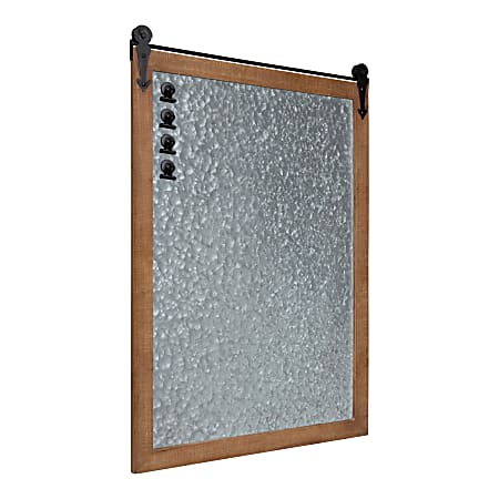 Kate and Laurel Cates Barn Door Framed Magnet Board, Metal, 21-1/2” x 32”, Silver, Rustic Brown Wood Frame