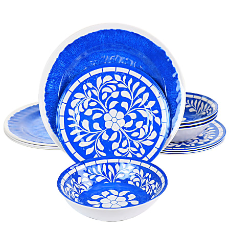 Elama Nelly 12-Piece Melamine Dinnerware Set, Blue