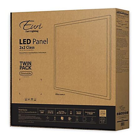 Euri Indoor LED Flat-Panel Fixtures, 2' x 2', 3750 Lumens, 30 Watts, 4000 Kelvin/Cool White, Pack Of 2 Fixtures