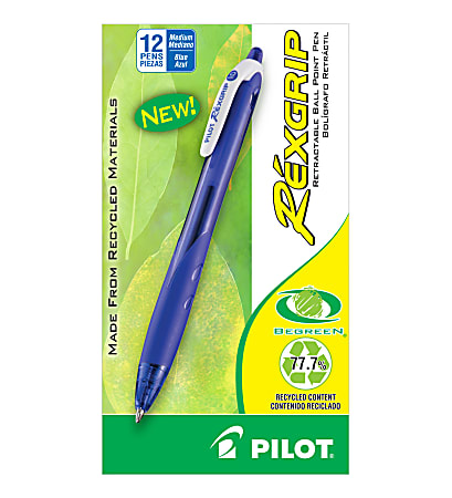 Pilot® Rexgrip BeGreen Retractable Ballpoint Pens, Medium Point, 1.0 mm, Blue Barrel, Blue Ink, Pack Of 12 Pens