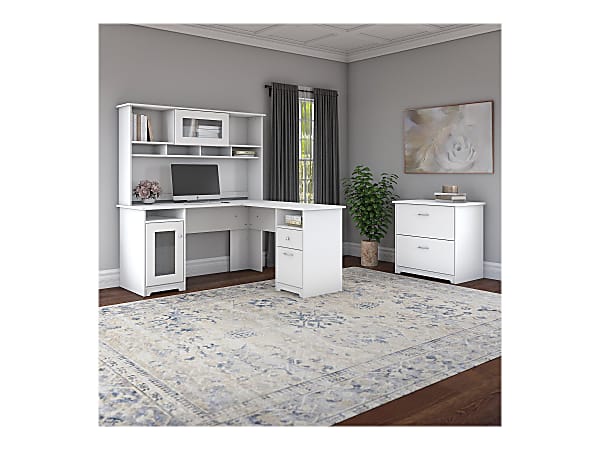Bush Business Furniture Cabot 60 W L Shaped Corner Desk With Hutch And Small  Storage Cabinet With Doors Linen White Oak Standard Delivery - Office Depot