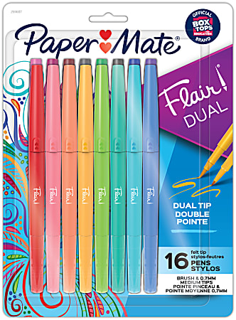 Paper Mate Flair Dual Felt-Tip Pens, Pack Of 16 Pens, Brush And Medium Tips, Assorted Barrel Colors, Assorted Ink Colors