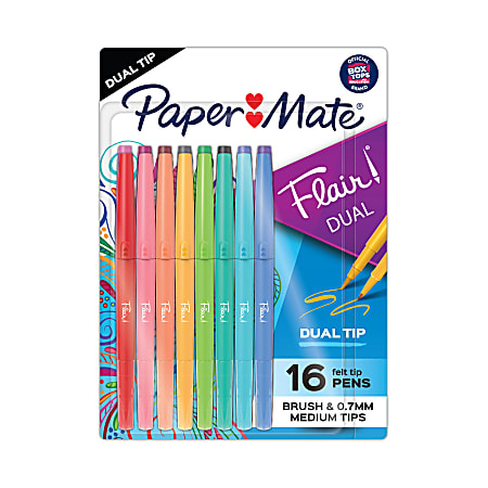 Paper Mate Flair Dual Felt-Tip Pens, Pack Of 16 Pens, Brush And Medium Tips, Assorted Barrel Colors, Assorted Ink Colors