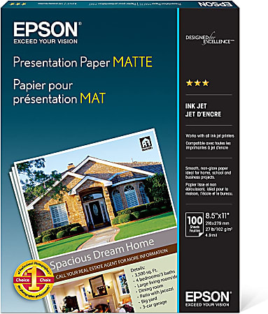 Epson® Presentation Paper, Letter Size (8 1/2 x 11), Pack Of 100 Sheets,  27 Lb, Matte White