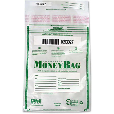 PM® Company Biodegradable Plastic Money Bags, 12"H x 9"W x 3/4"D, Green/Clear, Pack Of 50