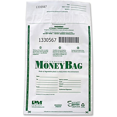 PM® Company Biodegradable Plastic Money Bags, 12"H x 9"W x 3/4"D, Green/White, Pack Of 50