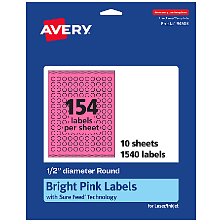 Avery® Print-To-The-Edge Labels With Sure Feed® Technology And Easy Peel® Label Feature, 94503-BPP10, Round, 1/2", Matte Bright Pink, Pack of 1540