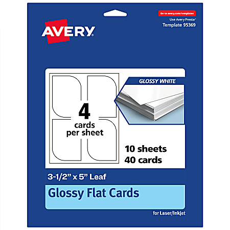 Avery® Print-To-The-Edge Flat Cards, 3-1/2"x5" Leaf, Glossy White, Pack Of 40