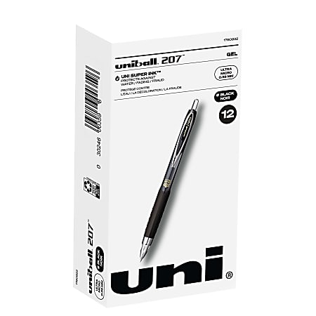 uni-ball® 207™ Retractable Fraud Prevention Gel Pens, Ultra Micro Point, 0.38 mm, Black Barrels, Black Ink, Pack Of 12