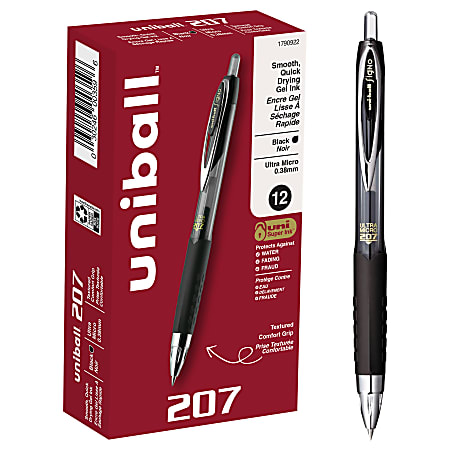 uni-ball® 207™ Retractable Fraud Prevention Gel Pens, Ultra Micro Point, 0.38 mm, Black Barrels, Black Ink, Pack Of 12