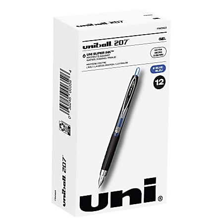 uni-ball® 207™ Retractable Fraud Prevention Gel Pens, Ultra Micro Point, 0.38 mm, Black Barrels, Blue Ink, Pack Of 12