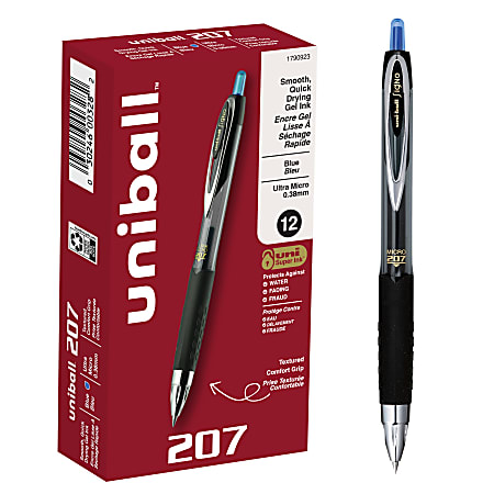 uni-ball® 207™ Retractable Fraud Prevention Gel Pens, Ultra Micro Point, 0.38 mm, Black Barrels, Blue Ink, Pack Of 12
