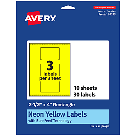 Avery® Print-To-The-Edge Labels With Sure Feed® Technology, 94245-NYP10, Rectangle, 2-1/2" x 4", Matte Neon Yellow, Pack of 30