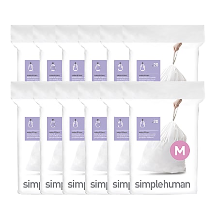 simplehuman&reg; Custom Fit Can Liners, M, 45L/12G, White, 0.3 mil, Pack Of 240