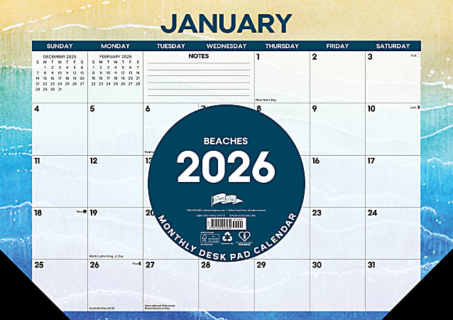 2026 Willow Creek Press Monthly Desk Pad Calendar, 12" x 17", Beaches, January To December, 57070