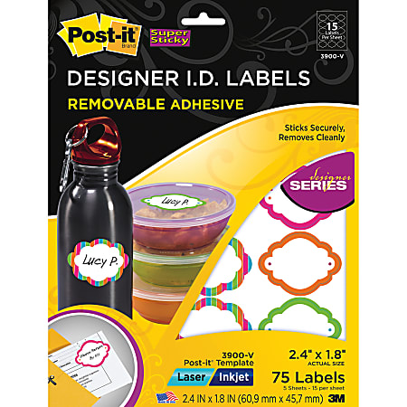 Post-it® Super Sticky Removable Designer Series Inkjet/Laser I.D. Labels, 3900-V, Scallop, 1 4/5" x 2 2/5", Assorted, Pack Of 75