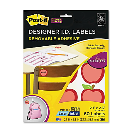 Post-it® Super Sticky Removable Designer Series Inkjet/Laser I.D. Labels, 3900-A, Apple, 2 1/10" x 2 3/10", Green/Red, Pack Of 60
