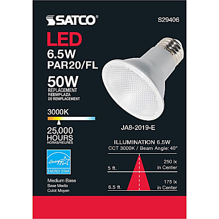 Satco 6.5W PAR 20 LED Bulb - 6.50 W - 50 W Incandescent Equivalent Wattage - 120 V AC - 520 lm - Parabolic Reflector - PAR20 Size - Clear - Warm White Light Color - E26 Base - 25000 Hour - 4940.3degF (2726.8degC) Color Temperature - 90 CRI - 40&d