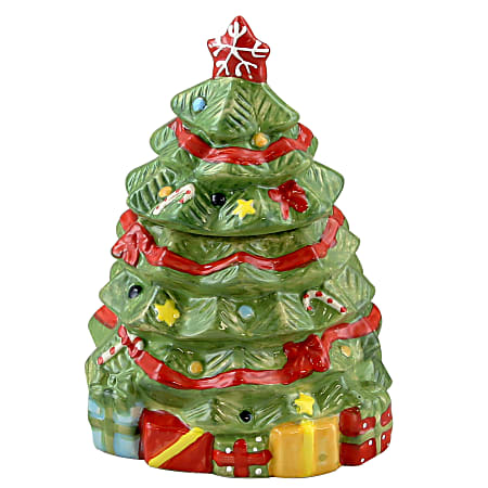 Gibson Home Mirthuful Treats Ceramic Christmas Tree Cookie Jar, 7-15/16"H x 5-1/2"W x 6-1/2"D, Multicolor