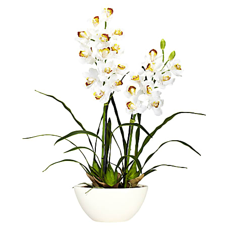 Nearly Natural 30"H Silk Cymbidium Flower Arrangement With Vase
