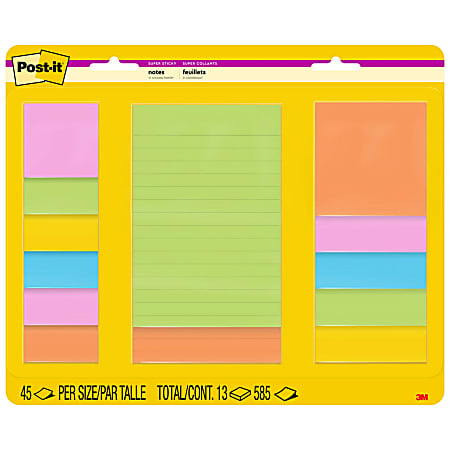 Post-it® Super Sticky Notes, Assorted Sizes, Energy Boost Collection, Lined and unlined, 13 Pads/Pack, 45 Sheets/Pad