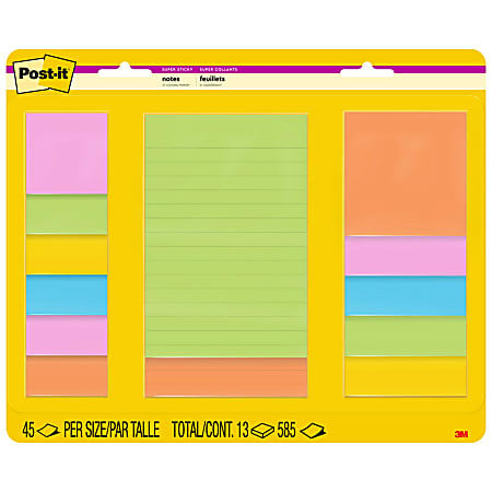 Post-it Super Sticky Notes, Assorted Sizes, Energy Boost Collection, Lined and unlined, 13 Pads/Pack, 45 Sheets/Pad