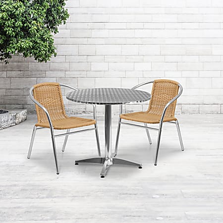 Flash Furniture Lila Round Aluminum Indoor-Outdoor Table With 2 Chairs, 27-1/2"H x 31-1/2"W x 31-1/2"D, Beige, Set Of 3
