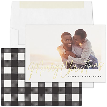 Custom Embellished Photo Holiday Christmas Cards And Envelopes, 7" x 5", Scripted Wishes, Box Of 25 Cards