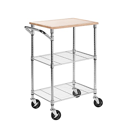 Honey-Can-Do 2-Shelf Kitchen Cart With Cutting Board, 37 1/2"H x 28 1/2"W x 17 3/4"D, Chrome/Wood