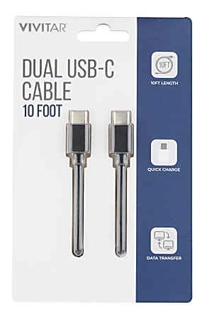 Vivitar Dual USB-C Charging Cable, 10', Black, NIL3010-BLK-STK-24