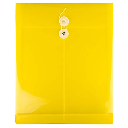 JAM Paper® Open-End Plastic Envelopes, Letter-Size, 9 3/4" x 11 3/4", Button & String Closure, Yellow, Pack Of 12