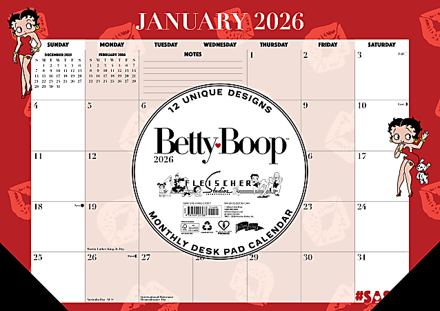 2026 Willow Creek Press Monthly Desk Pad Calendar, 12" x 17", Betty Boop, January To December, 57087