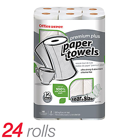 Office Depot® Brand 100% Recycled Premium Tear-A-Size Paper Towels, 140 Sheets Per Roll, Case Of 24 Rolls