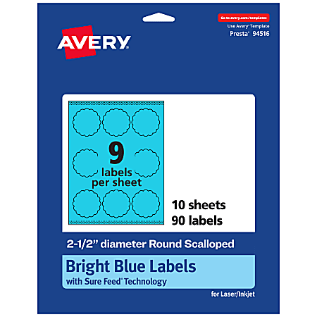 Avery® Print-To-The-Edge Labels With Sure Feed® Technology, 94516-BBP10, Round Scalloped, 2-1/2", Matte Bright Blue, Pack of 90