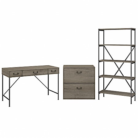 kathy ireland® Home by Bush Furniture Ironworks 48"W Writing Desk With Lateral File Cabinet And 5-Shelf Bookcase, Restored Gray, Standard Delivery