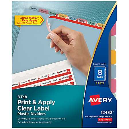 Avery® 8 Tab Plastic Dividers For 3 Ring Binder, Easy Print & Apply Clear Label Strip, Index Maker® Customizable, Multicolor Tabs, Pack Of 5 Sets