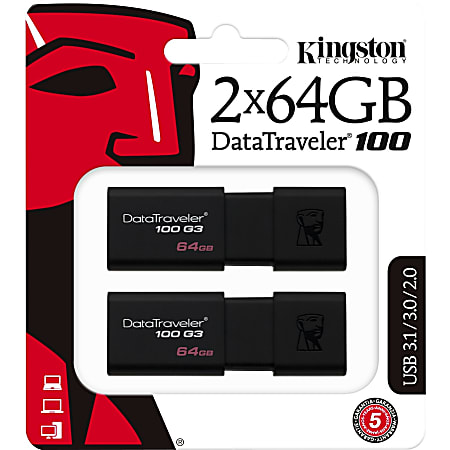 Kingston DataTraveler 100 G3 USB Flash Drive - 64 GB - USB 3.0 - 100 MB/s Read Speed - Black - 5 Year Warranty - 2 Pack