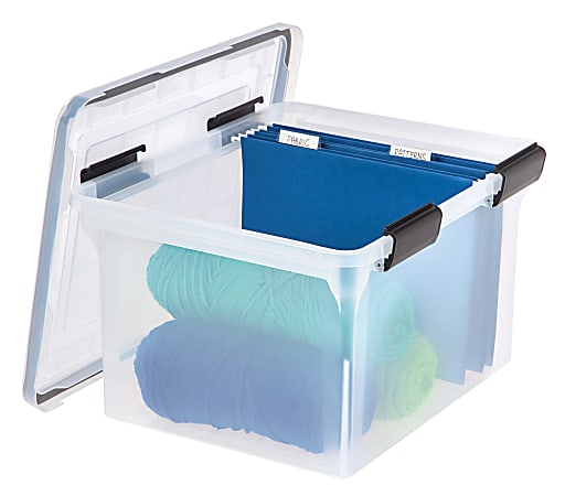 Office Depot Stackable File Tote Box, Letter/Legal Size, 10 13/16in.H x 14  1/8in.W x 18in.D, Blue/Clear, 170007